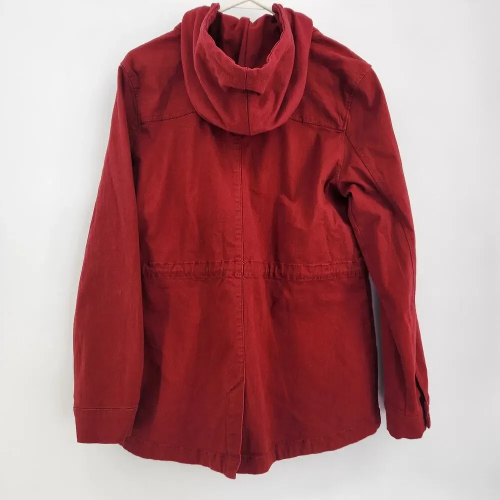Market & Spruce Jacket Red Hood Stand Collar Zip Snap Long Sleeve Pockets Size M - Picture 2 of 6
